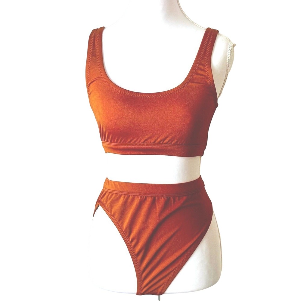 Bikini Set Sports Bra Rust Terracotta Scoop Neck High Cut Bottom Sz M